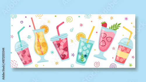 Colorful Cocktails with Fruits and Straws.