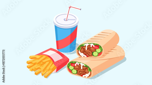 Fast Food Meal with Fries and Wrap.