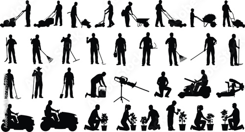 Professional Gardening and Landscaping Silhouette Collection Featuring Workers Mowing Grass, Raking Leaves, Planting Flowers, and Operating Heavy Duty Outdoor Power Equipment