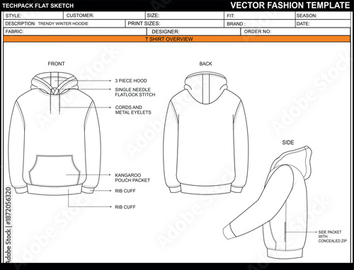 TRENDY WINTER HOODIE FLAT SKETCH FASHION TEMPLATE TECHNICAAL ILLUSTRATION

