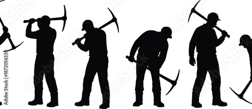 Black Silhouette of Miners Working with Pickaxes and Tools Representing Manual Labor Mining Industry Construction Hard Work and Industrial Worker Development