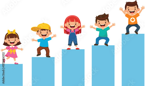 Happy Cartoon Children Standing on Rising Bar Chart Representing Success Growth Financial Education Progress and Achievement for Kids Learning and Development
