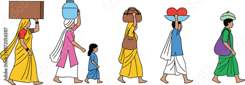 Flat vector illustration of Indian villagers and migrant workers walking in line carrying heavy loads and water on heads.