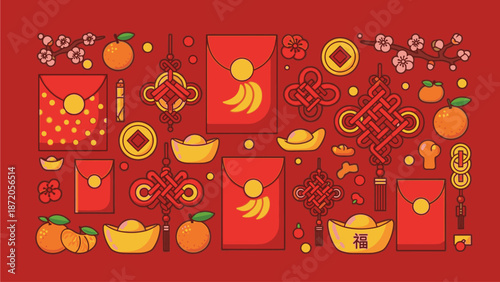 Flat lay composition of various Chinese New Year elements, including red envelopes, gold coins, and oranges, arranged on a vibrant red background with intricate designs and patterns,