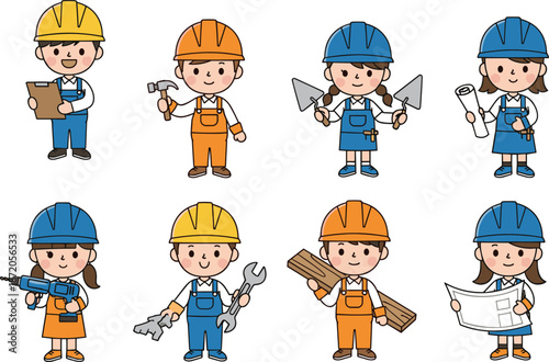 Set of cute cartoon construction workers and architects holding tools and blueprints for building industry in flat vector illustration.