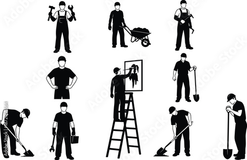 Silhouette collection of manual laborers and builders holding tools, digging, painting, and working in construction industry vector illustration set.