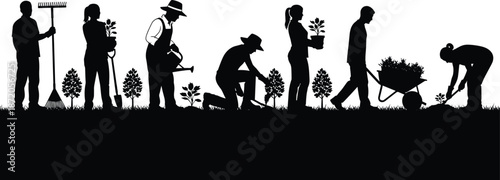 Black Silhouette of Group of People Gardening and Planting Trees with Tools and Wheelbarrow Isolated on White Background Vector Illustration