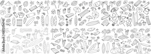 A vibrant collection of summer-themed illustrations featuring beach, surfboards, and tropical drinks.