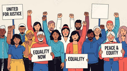 Diverse group of people protesting for equality and justice with signs and raised fists in a vibrant illustration with unity with diversity
