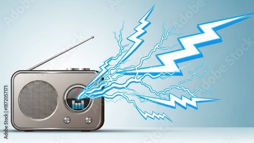 A silver vintage radio with blue and white lightning bolts coming out of it on a light blue background with a white circle with electronics