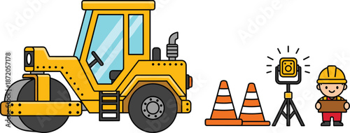Set of Cute Cartoon Construction Workers and Heavy Road Roller Machinery Icons Collection Wearing Yellow Hard Hats Carrying Tools and Equipment
