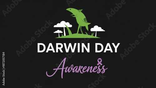Vibrant green fish jumping on grassy hill with white clouds on black background darwin day awareness symbol with Evolution and Biology with Text