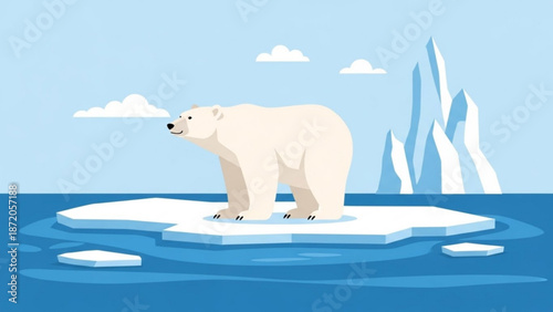 A polar bear standing on a melting iceberg in the arctic ocean with icebergs and clouds in the background with climate change with conservation