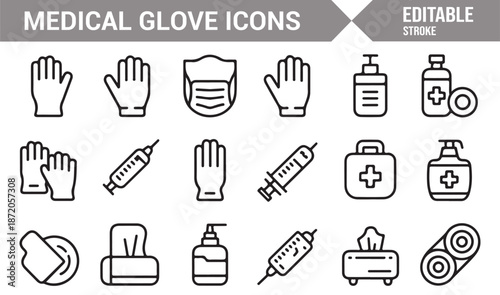 Editable medical glove hygiene icon pack in clean outline style
