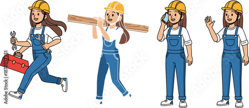 Set of female construction worker characters in blue overalls and yellow safety helmets carrying tools wood and talking on phone