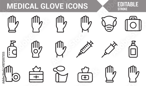 Medical safety glove icons for hospital and clinic designs