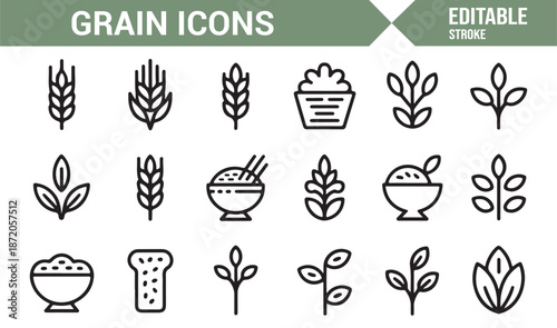Agriculture grain editable vector icon set for food and farming use