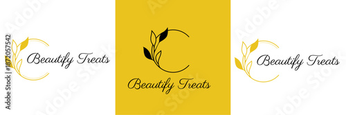 Elegant botanical logo set for Beautify Treats featuring yellow and black floral leaf designs with professional script typography and emblems.