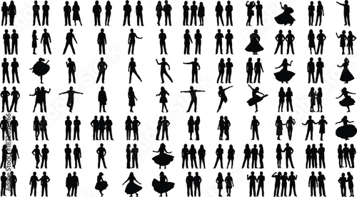 Large Set of Black Silhouettes Featuring Diverse People Standing Walking and Women Dancing in Beautiful Poses Isolated on White Background