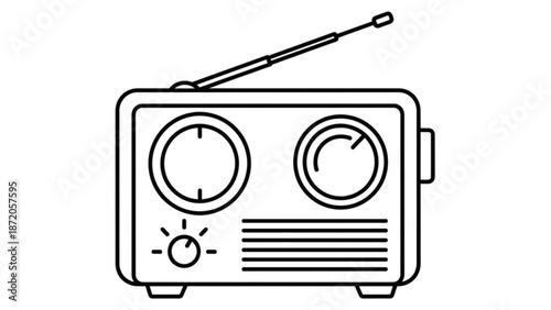A black line drawing of a vintage radio with an antenna on a white background with illustration and classic radio and electronics with music