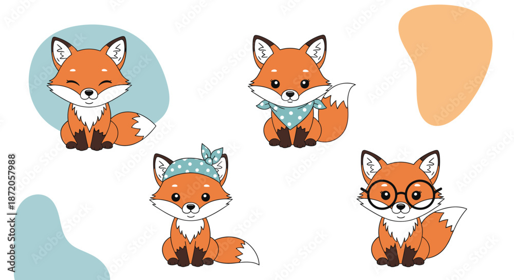 Obraz premium Set of adorable cartoon fox characters wearing cute accessories like glasses, bandanas, and headbands for playful and creative projects.