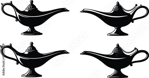 Magic lamp silhouette illustration set, Aladdin genie lamp icons, Arabian fantasy oil lamps isolated on white background vector art design