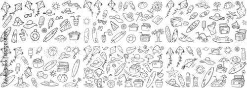 A lively collection of summer-themed doodles featuring kites, surfboards, and beach essentials.