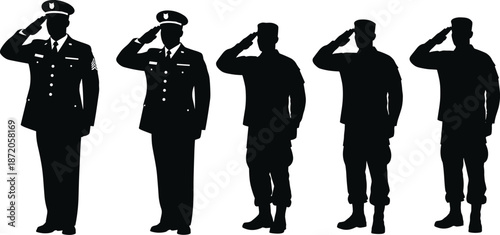 Military salute silhouettes, army personnel, uniformed officers, soldier tribute, patriotic gesture, defense force, rank distinction, armed services, formal attire, discipline