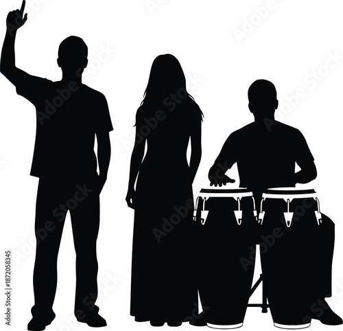 Silhouette, music, performance, conga, drums, dancer, rhythm, trio, stage, artistic, expressive, culture, percussion, pose, harmony, entertainment, black, shadow, abstract, creative