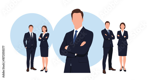 Professional silhouettes of business men and women wearing formal suits standing in different poses against a blue circular background.