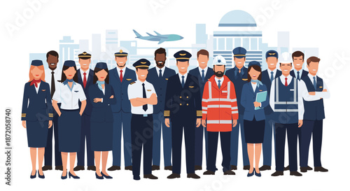 Professional airline and airport staff team including pilots flight attendants technicians and ground crew standing together.