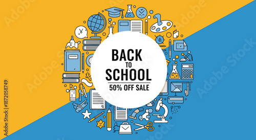 Back to school sale banner design with various education icons arranged in a circle over a yellow and blue background.