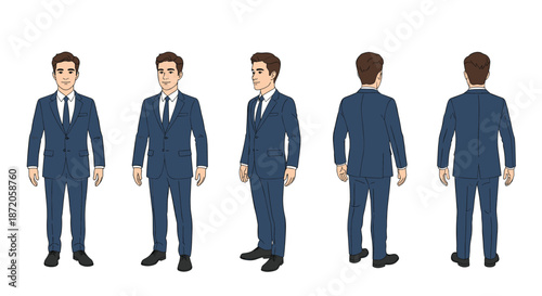 Male character sheet showing a businessman in a blue suit from front side and back views for animation or design project.
