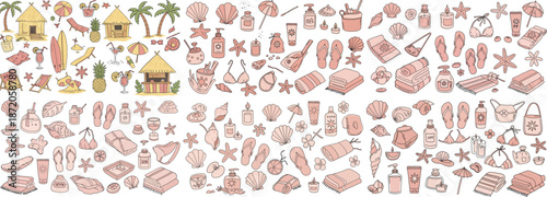 A vibrant collection of beach-themed illustrations featuring flip-flops, tropical drinks, and relaxation items.
