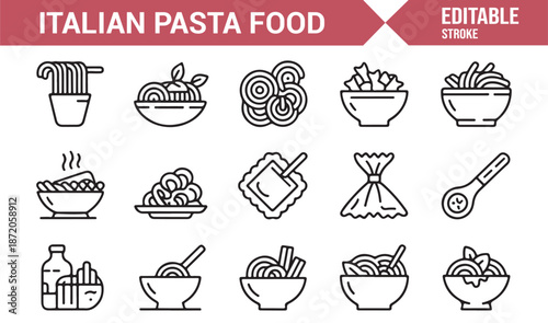 Italian pasta food icon set in editable outline vector style