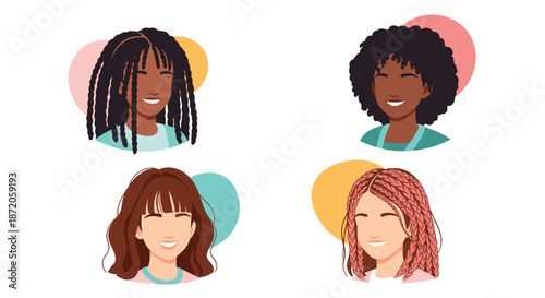 Set of four faceless female avatars with different hairstyles and skin tones for hair care or fashion design concepts.