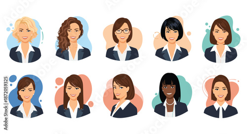 Ten professional portraits of diverse businesswomen in dark suits for corporate team profile icons or web avatars.