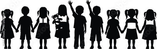 Silhouette of a diverse group of happy children holding hands and waving in a row representing unity, friendship, childhood and education