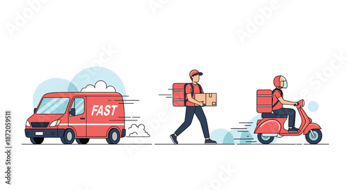 Fast delivery service concept featuring a delivery van a courier on foot with a box and a courier riding a scooter.