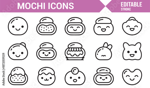 Editable mochi rice cake icons with smiling faces