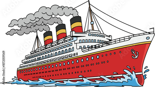 Vintage Ocean Liner Cruise Ship Illustration Featuring Red Hull Three Smoking Funnels and Water Waves Isolated Vector Graphic on White Background
