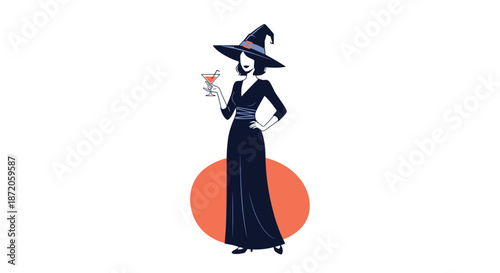 Stylish silhouette of a witch in a long black dress and pointed hat holding a cocktail glass for a Halloween party theme.
