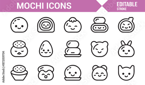 Cute mochi Japanese dessert icons for food branding and menus