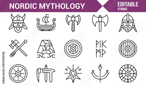 Nordic mythology icon set with Viking and Norse symbols in editable outline vector style