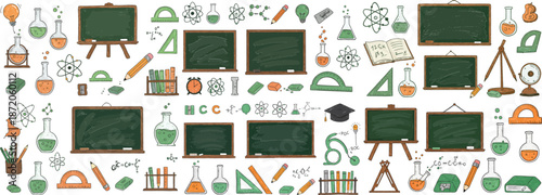 A vibrant collection of educational icons including chalkboards, science tools, and stationery supplies.