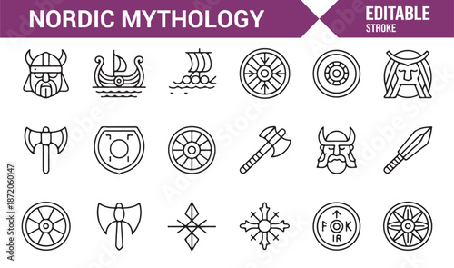 Norse gods and Nordic mythology icons for history and fantasy designs