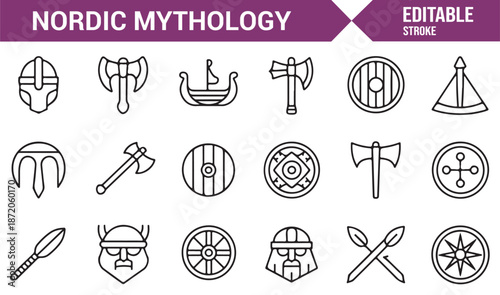 Viking mythology outline icons featuring ancient Nordic weapons and signs