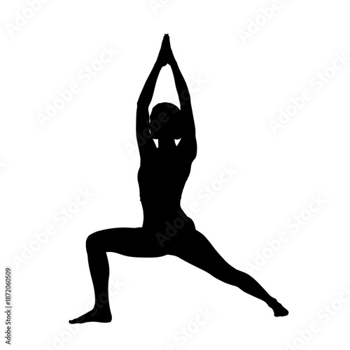 Silhouette of a woman in warrior yoga pose against white background.