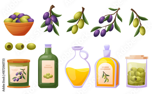 Mediterranean olive oil vector set. Olives, branches, bottles, jars, glass cruets and food packaging illustrations. Flat cute cartoon style