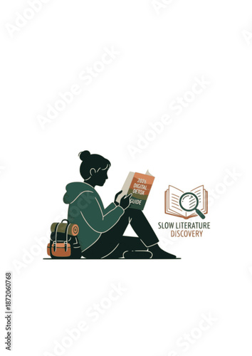 Explorecore Lifestyle Silhouette. Person Reading Printed Zine for 2026 Digital Detox and Slow Literature Discovery Concept Vector.